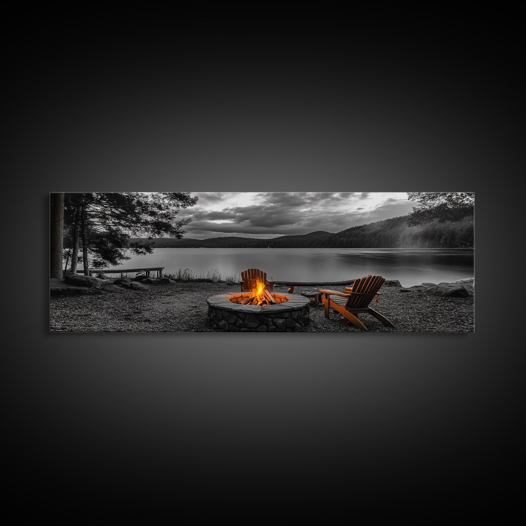 Campfire Chairs Lakeside, Cozy Autumn Vibes, Mountain Cabin View, Framed Canvas Print, Rustic Fall Wall Art, Living Room Fireplace Decor