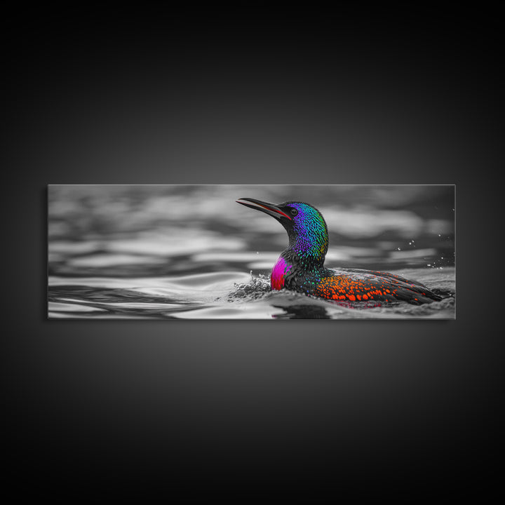 Colorful Loon, Rainbow Feathers, Water Splash, Unique Wildlife, Framed Canvas Print, Bathroom Wall Art, Eclectic Style, Birdwatcher Gift