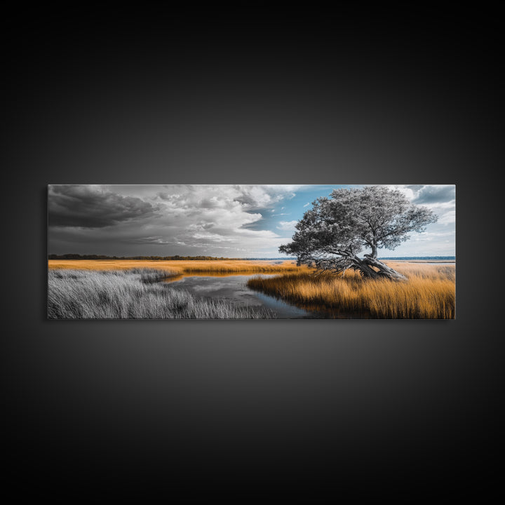 Autumn Marsh, Windswept Tree, Golden Grass, Storm Sky, Framed Canvas Print, Fall Wall Art, Living Room Decor, Rustic Landscape