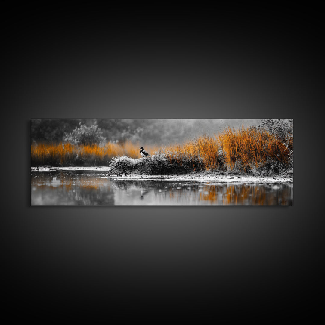 Autumn Marsh Scene, Duck Reflection, Moody Landscape, Canvas Print, Fall nature wall art, rustic home decor, cabin wall print