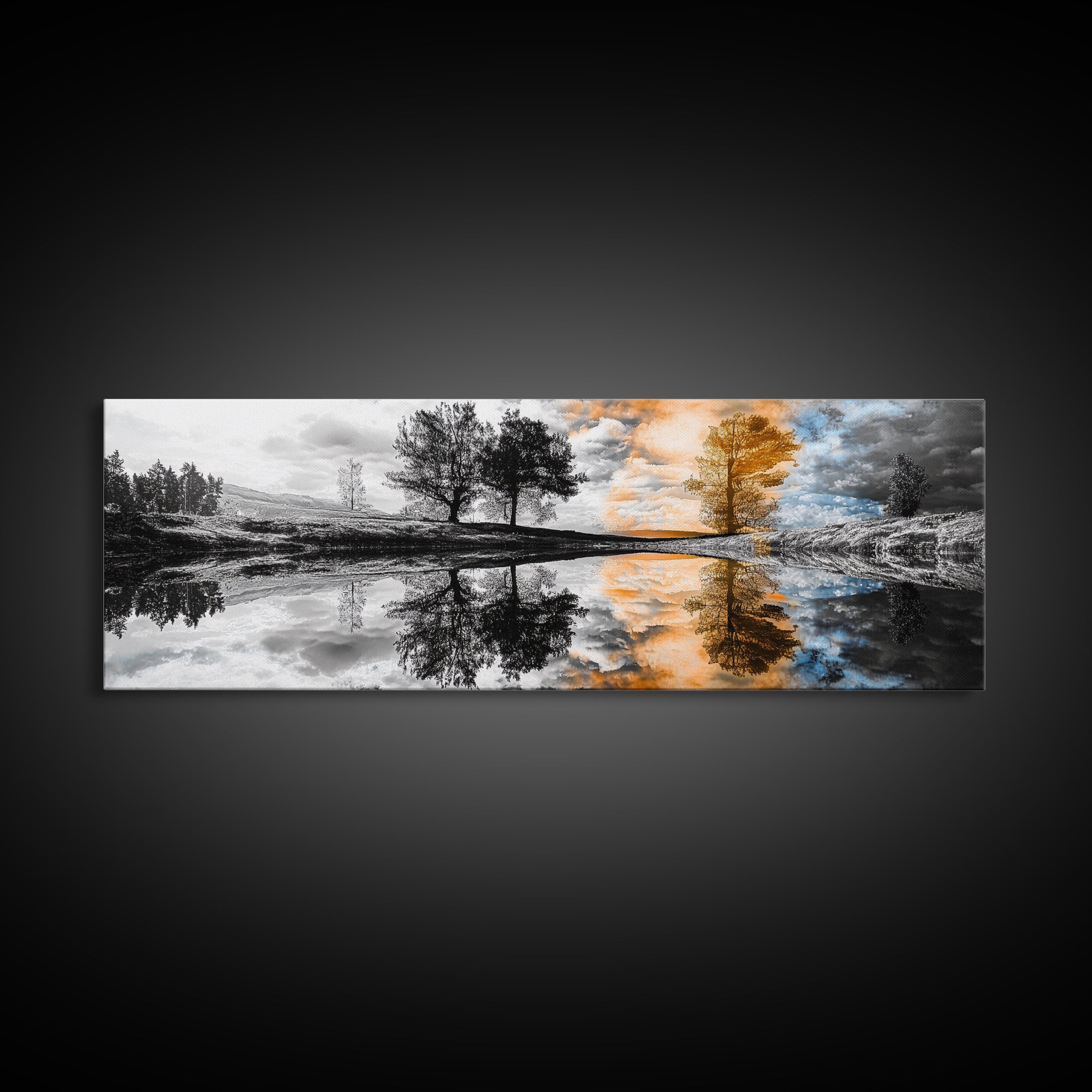 Surreal Reflection, Tree Silhouettes, Split Sky, Framed Canvas Print, trippy landscape art, black and white dreamy wall decor