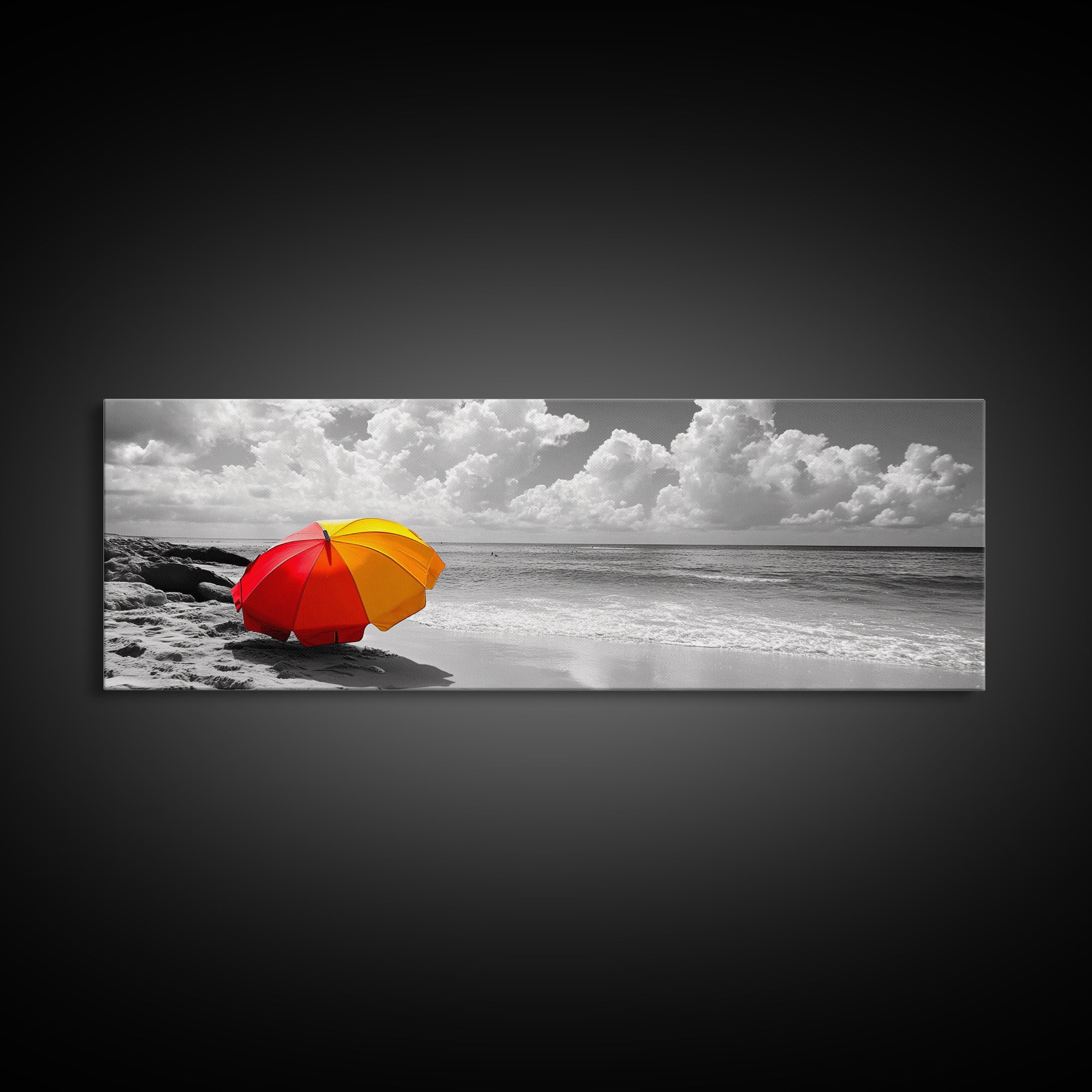 Red Yellow Umbrella, Beach Art, Summer Decor, Modern Coastal Print, Framed Canvas Print, Minimalist Wall Art, Bathroom or Hallway Decor