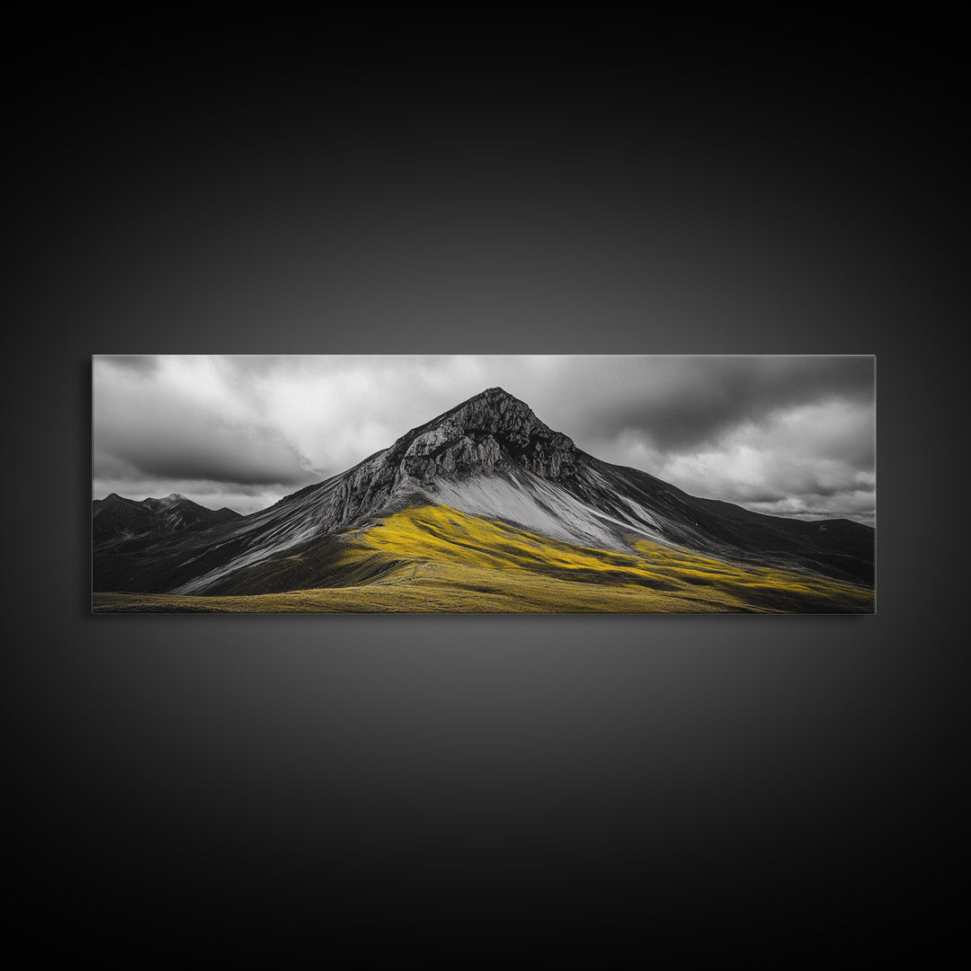 Black Mountain Peak, Moody Sky, Bold Yellow Hillside, Framed Canvas Print, Nature Art, Bedroom Wall Decor, Modern Landscape Print