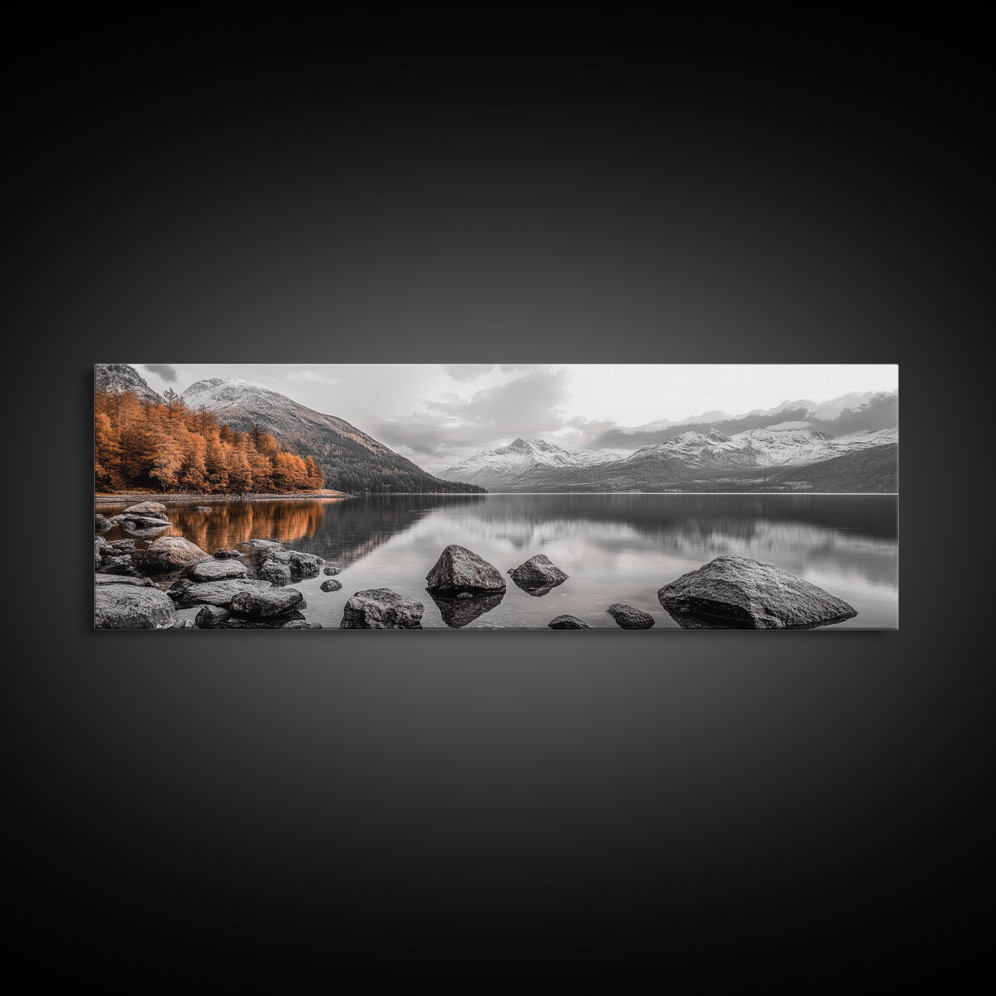 Autumn Lake Reflection, Serene Mountains, Warm Tones, Framed Canvas Print, Fall Home Decor, Rustic Landscape, Cabin Wall Art