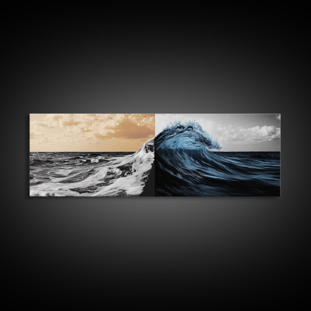 Ocean Wave Split, Sunrise Sea, Blue Tidal Wave, Framed Canvas Print, Nautical Wall Art, Coastal Decor, Bathroom Seascape