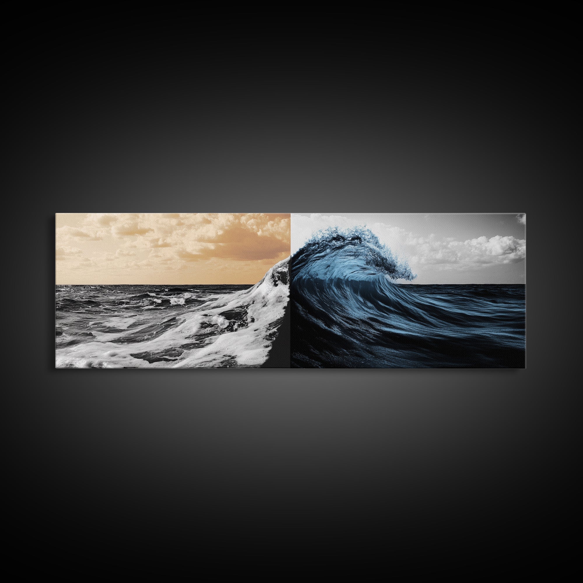 Ocean Wave Split, Sunrise Sea, Blue Tidal Wave, Framed Canvas Print, Nautical Wall Art, Coastal Decor, Bathroom Seascape