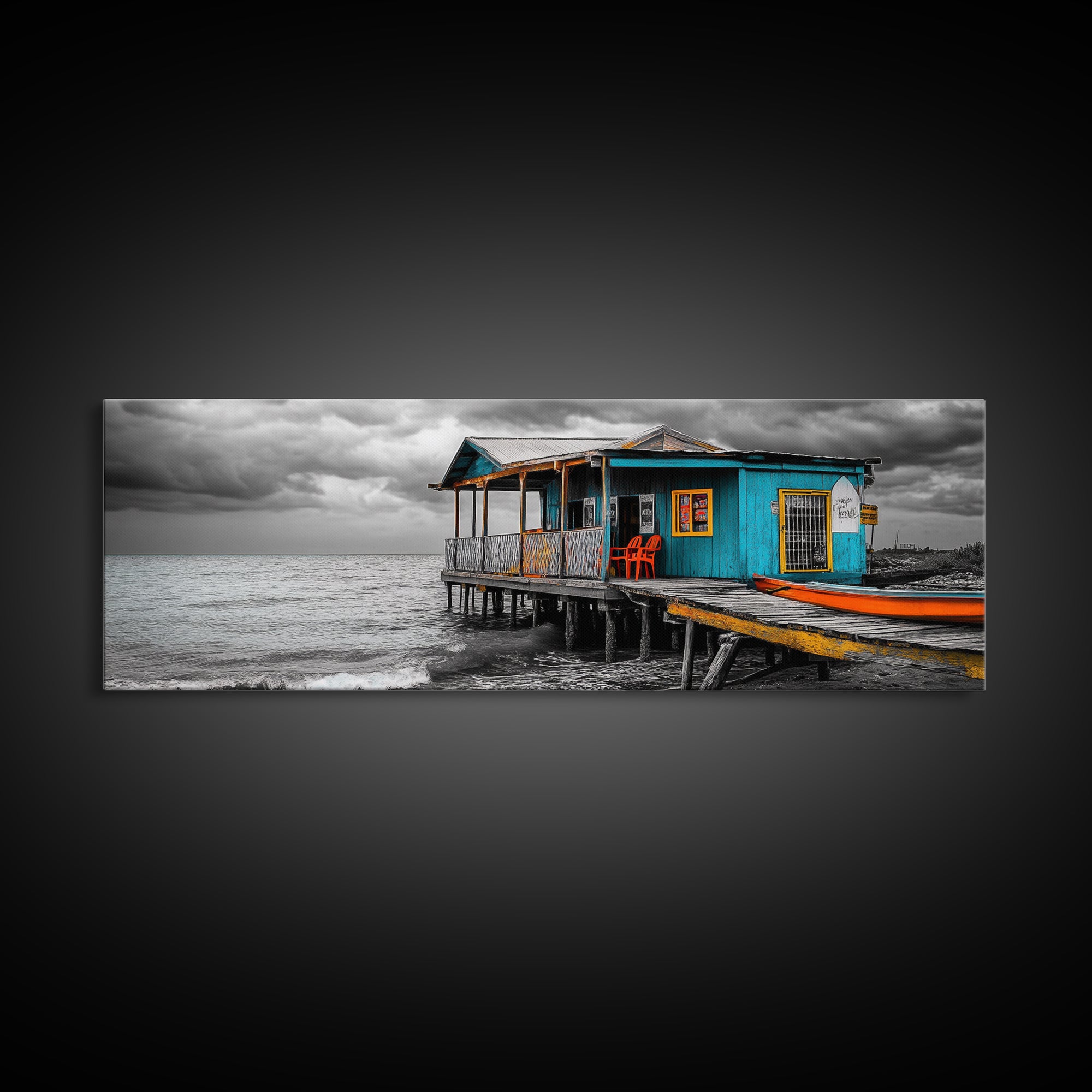 Rustic Shack, Ocean Pier, Stormy Skies, Tropical Retreat, Framed Canvas Print, Nautical Wall Art, Beach Cabin Decor, Lake House Style