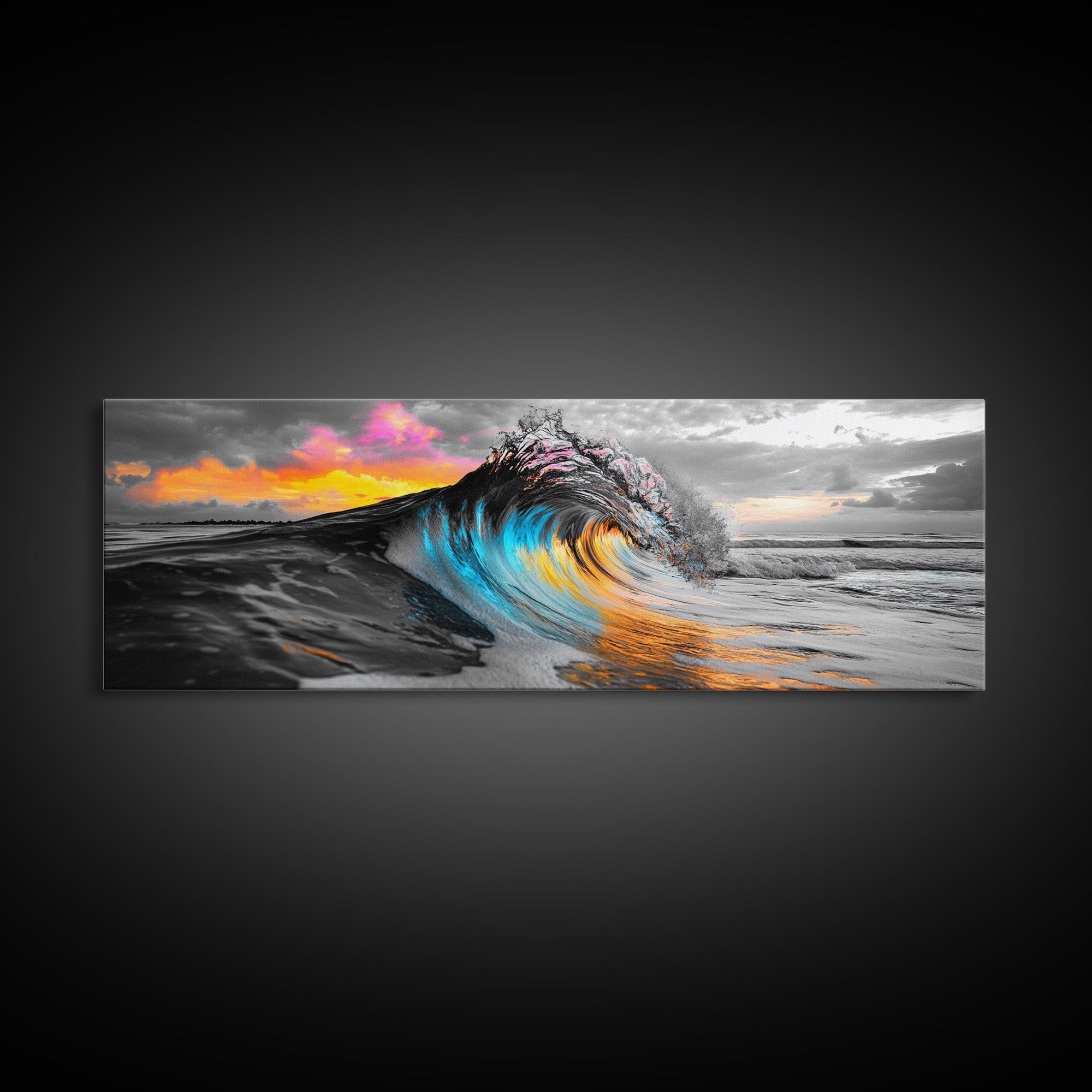Wave Photography, Color Splash, Sunset Sea, Surf Art, Framed Canvas Print, Beach House Decor, Coastal Vibes, Modern Ocean Wall Art