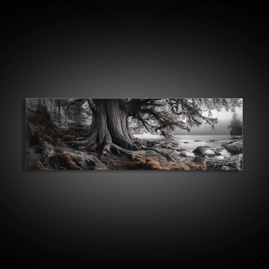 Ancient Tree, Forest Roots, Coastal Woods, Mystical Scene, Framed Canvas Print, Nature Wall Art, Woodland Decor, Moody Living Room Art