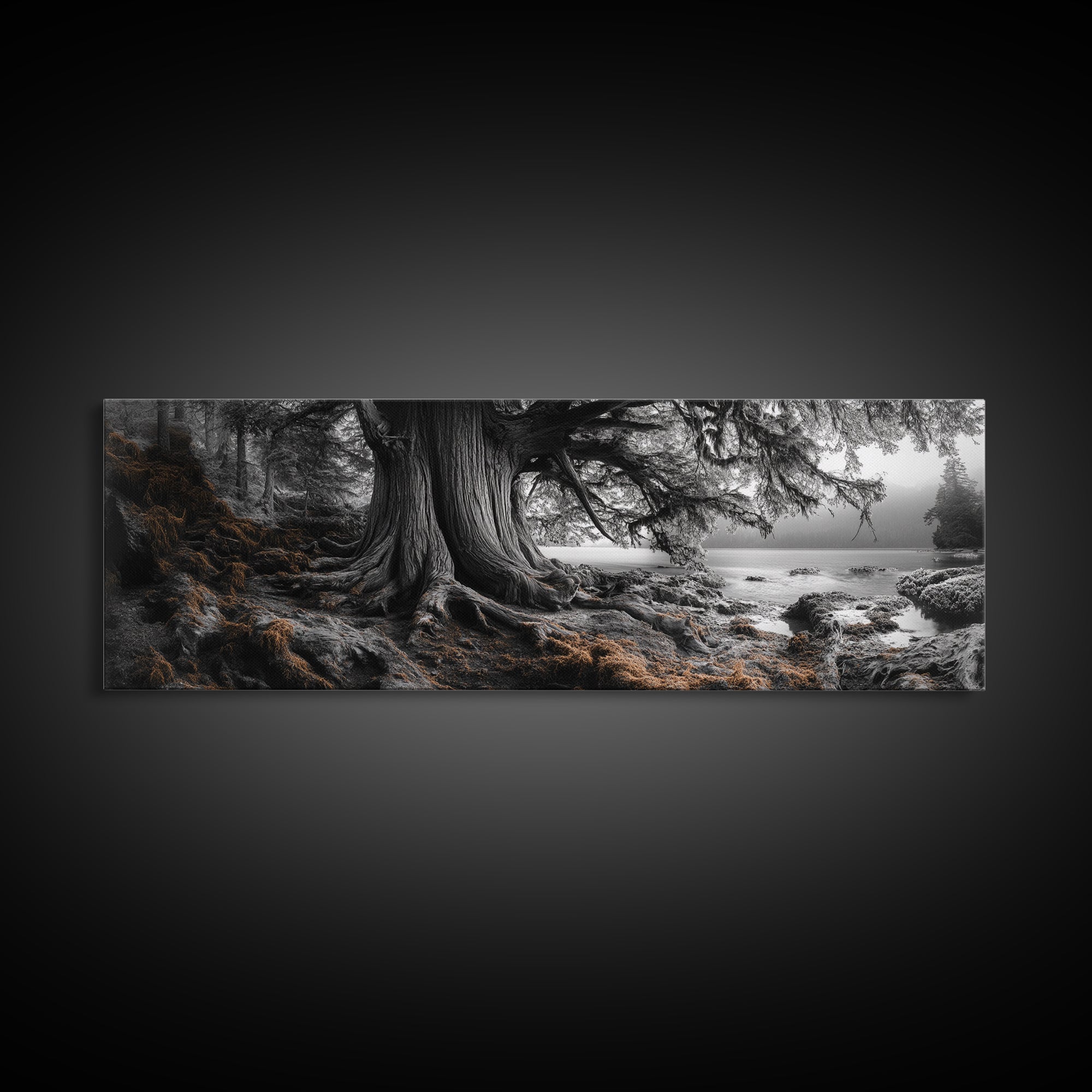 Ancient Tree, Forest Roots, Coastal Woods, Mystical Scene, Framed Canvas Print, Nature Wall Art, Woodland Decor, Moody Living Room Art