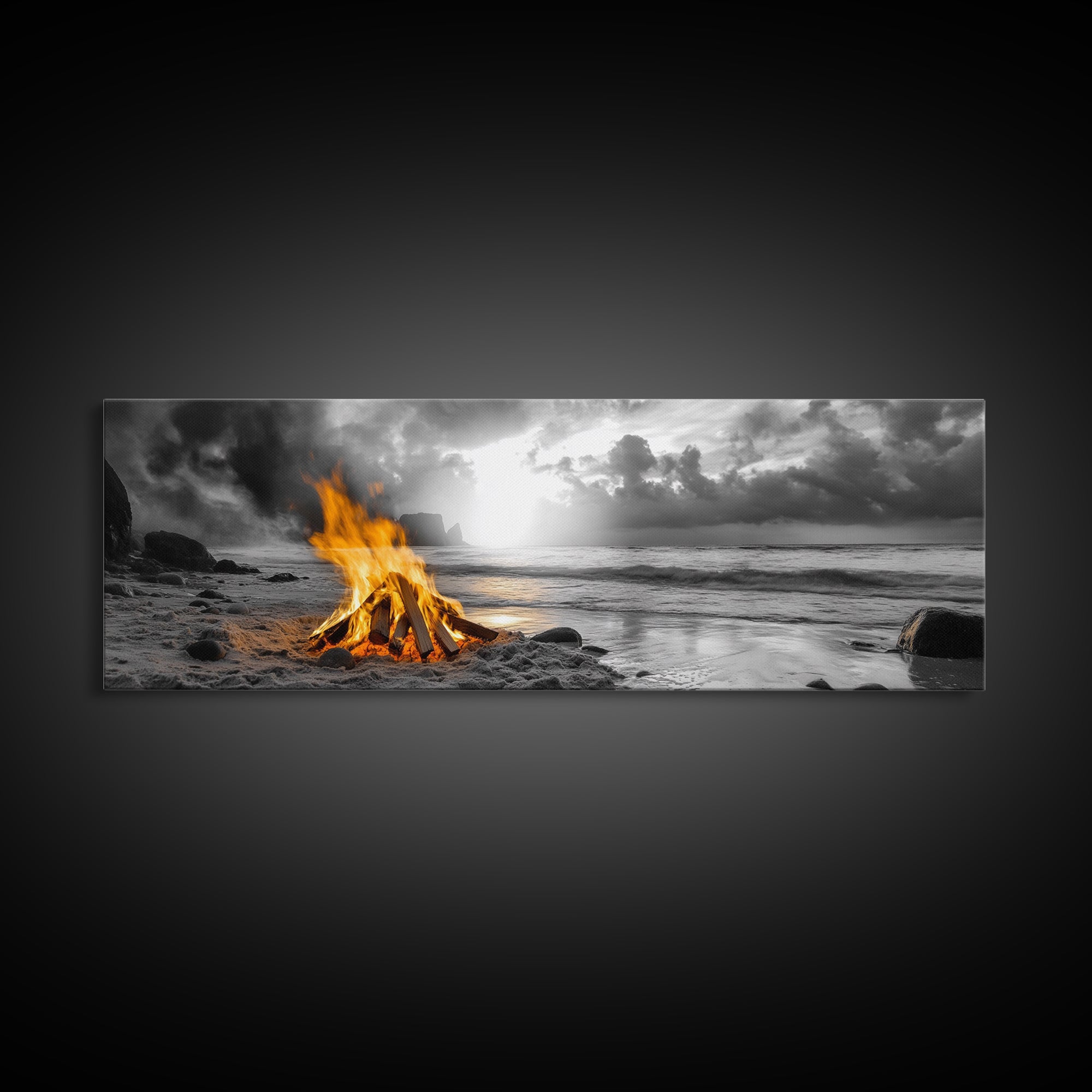 Beach Bonfire Glow, Autumn Coastal Scene, Campfire Photography, Canvas Print, Rustic Living Room or Cabin Wall Art, Fall Decor
