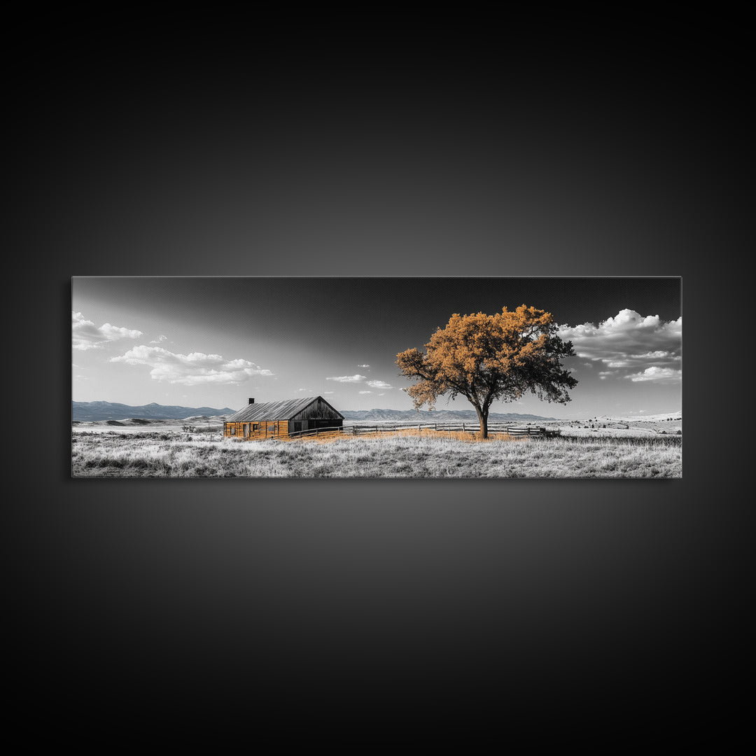 Prairie Cabin, Golden Tree, Rural Landscape, Open Sky, Framed Canvas Print, Country Decor, Farmhouse Wall Art, Rustic Bedroom Style