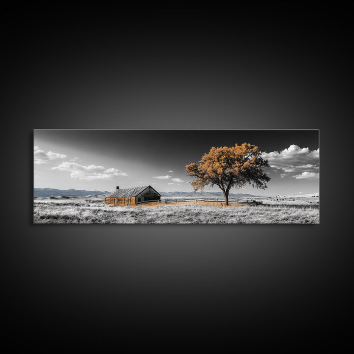 Prairie Cabin, Golden Tree, Rural Landscape, Open Sky, Framed Canvas Print, Country Decor, Farmhouse Wall Art, Rustic Bedroom Style