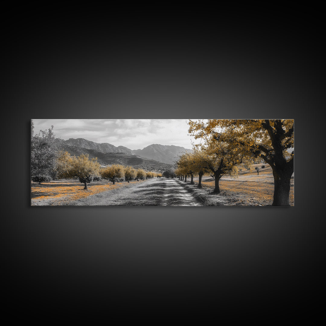 Autumn Orchard, Tree Tunnel, Mountain Path, Golden Fields, Framed Canvas Print, Fall Landscape Art, Rustic Farmhouse Decor, Dining Room Wall Art