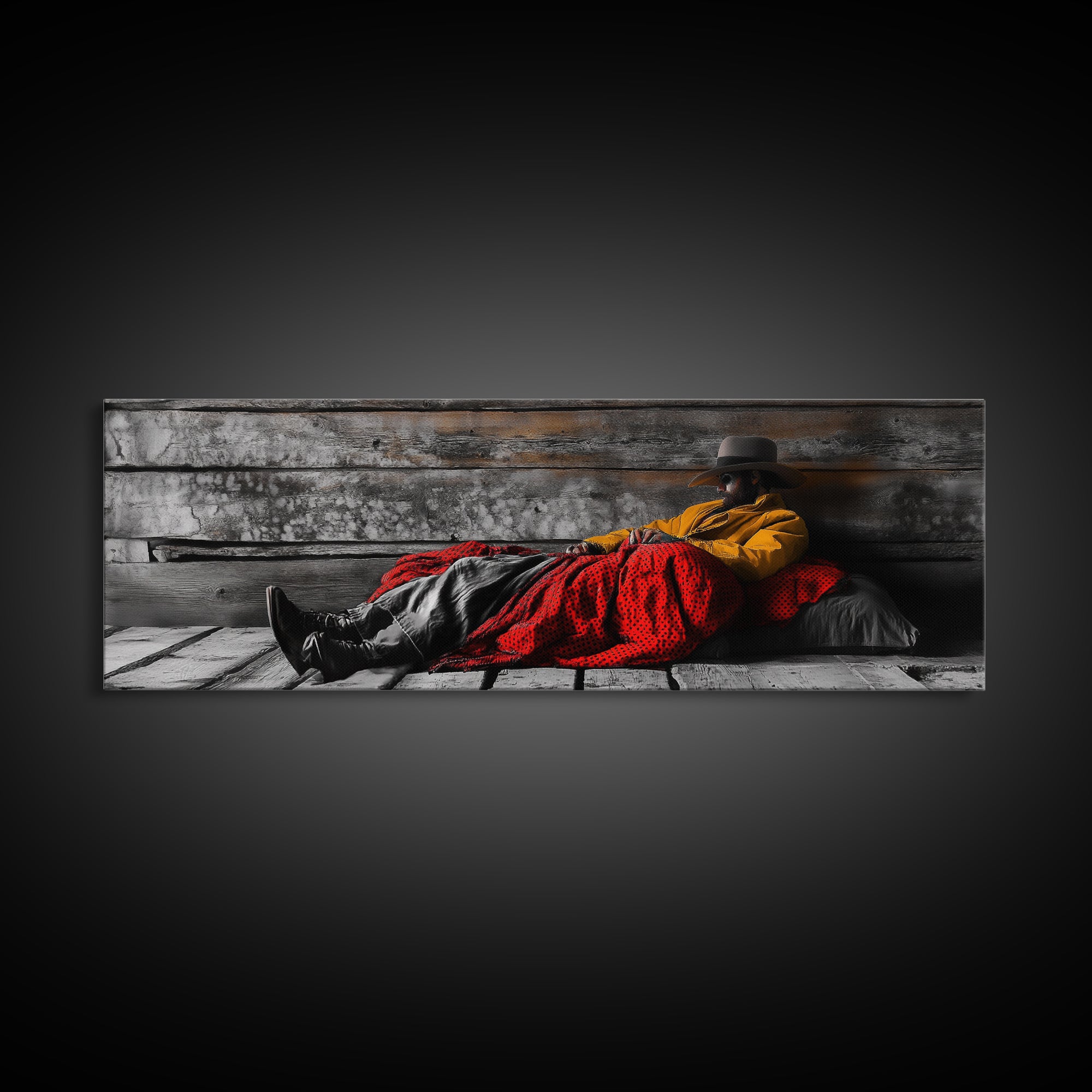 Cowboy Resting, Rustic Cabin Scene, Western Americana, Framed Canvas Print, Fall Wall Art, Bedroom or Study Western Style Decor