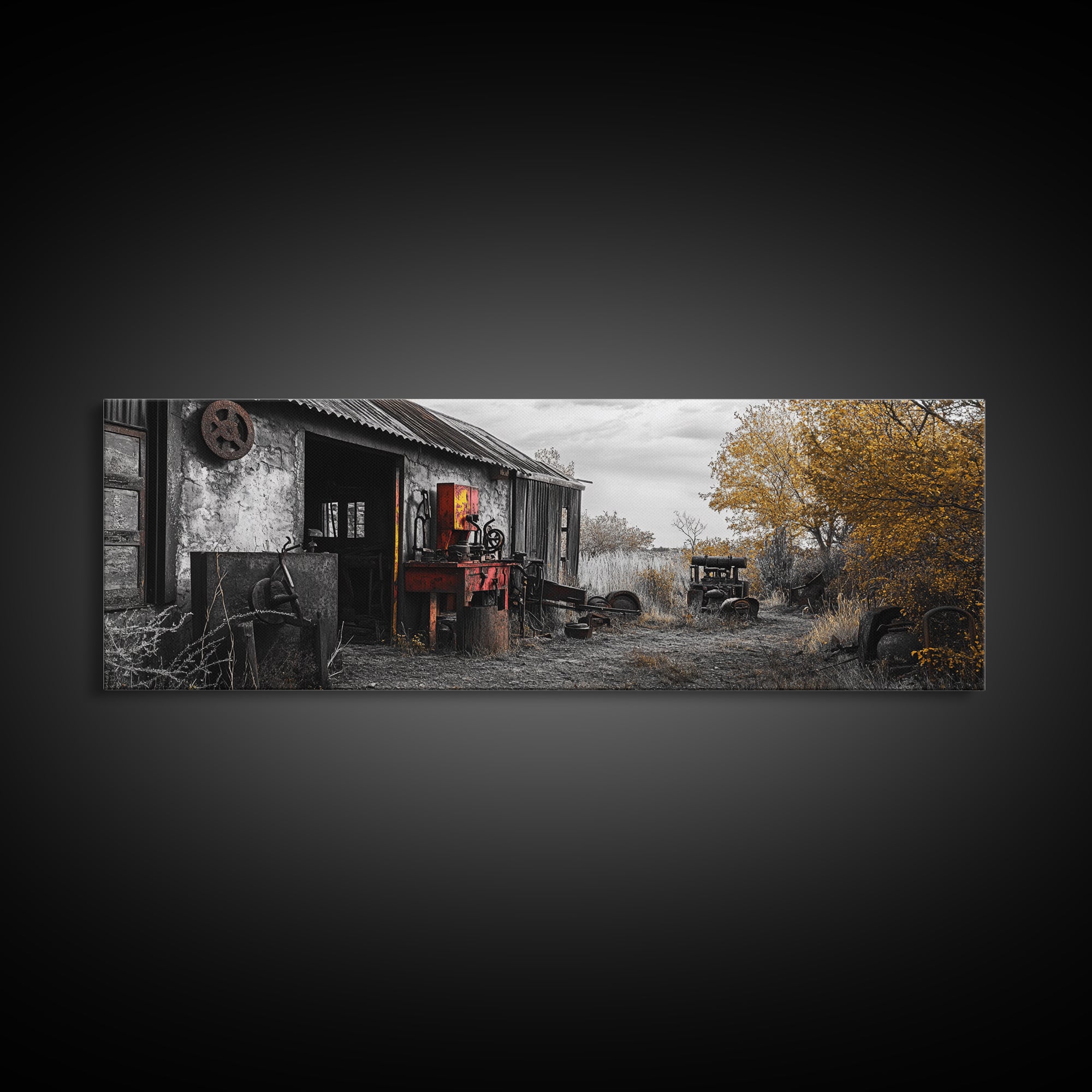 Abandoned Workshop, Rural Americana Scene, Autumn Landscape, Canvas Print, Farmhouse Decor, Rustic Fall Entryway or Garage Wall Art