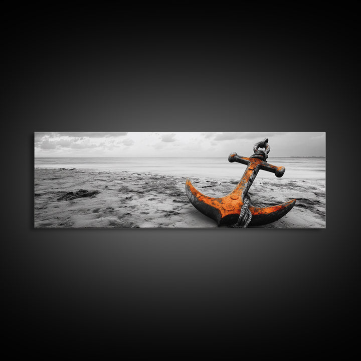 Rusted Anchor, Coastal Decay, Ocean Shore, Nautical Minimalism, Framed Canvas Print, Beach House Wall Art, Bathroom Wall Decor