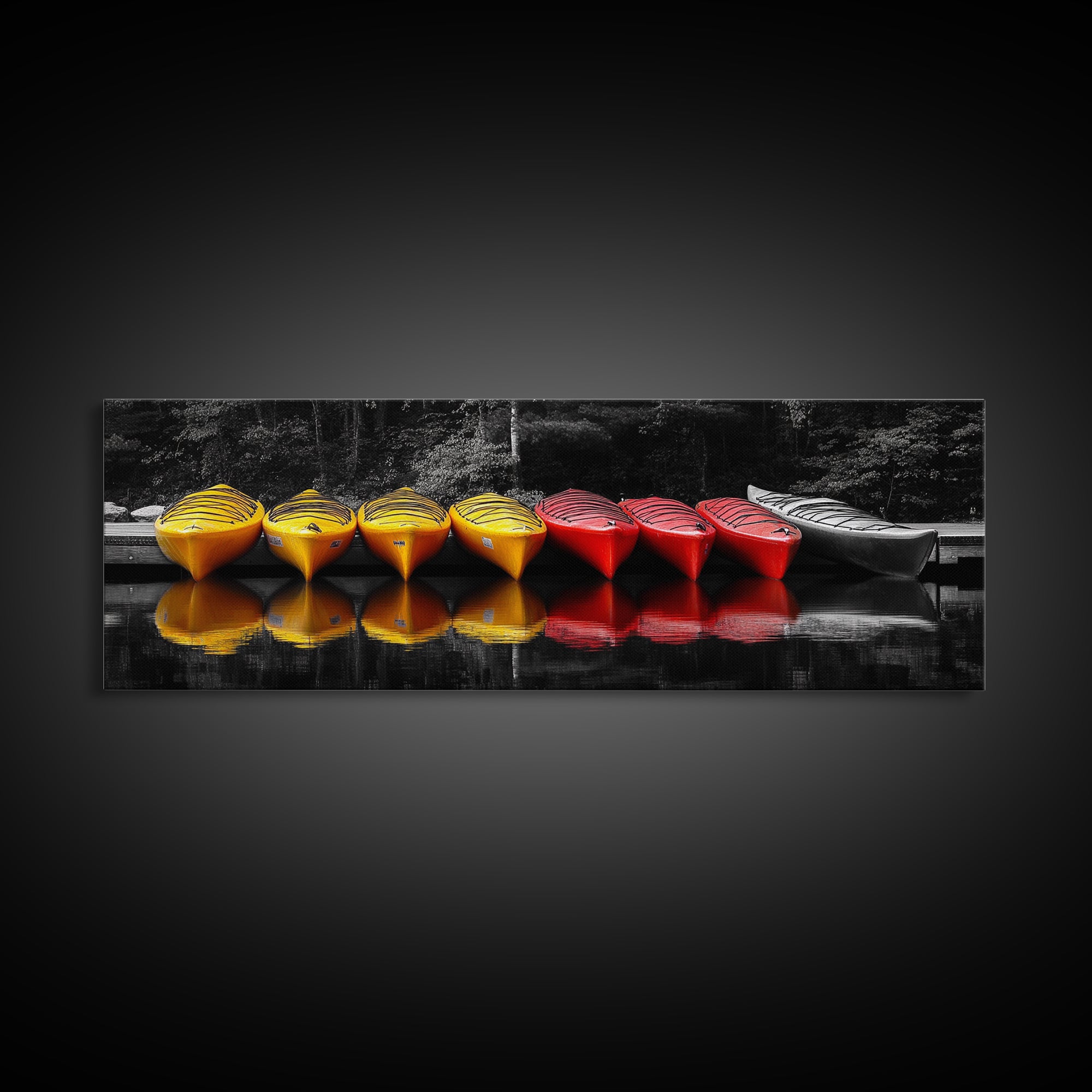 Canoes Docked, Reflection Scene, Kayak Art, Framed Canvas Print, Adventure Wall Art, Boho Water Sports, Cabin Living Room Decor