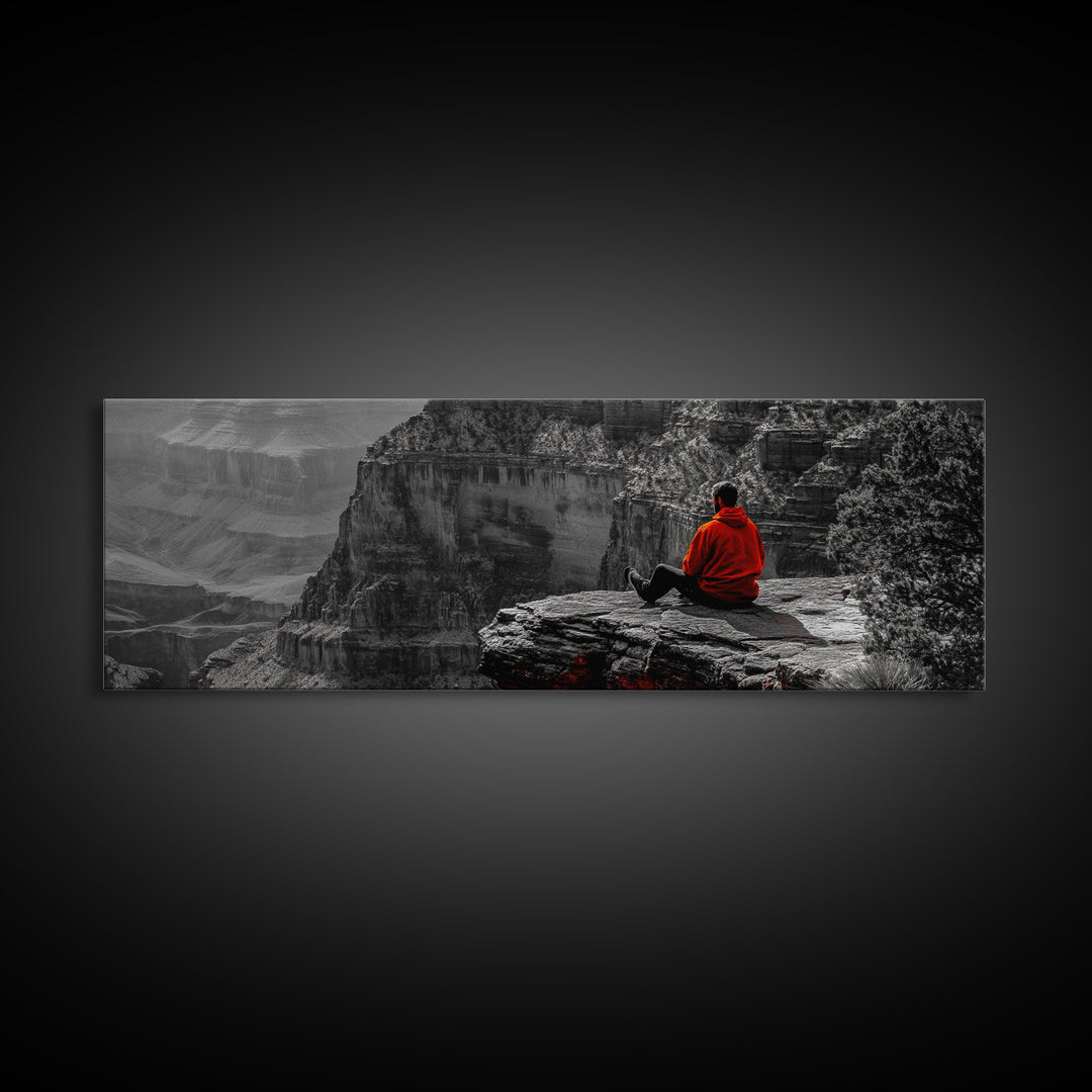 Grand Canyon, Meditation Art, Red Jacket, Adventure Scene, Framed Canvas Print, Hiking Wall Art, Man Cave Decor, Minimalist Landscape