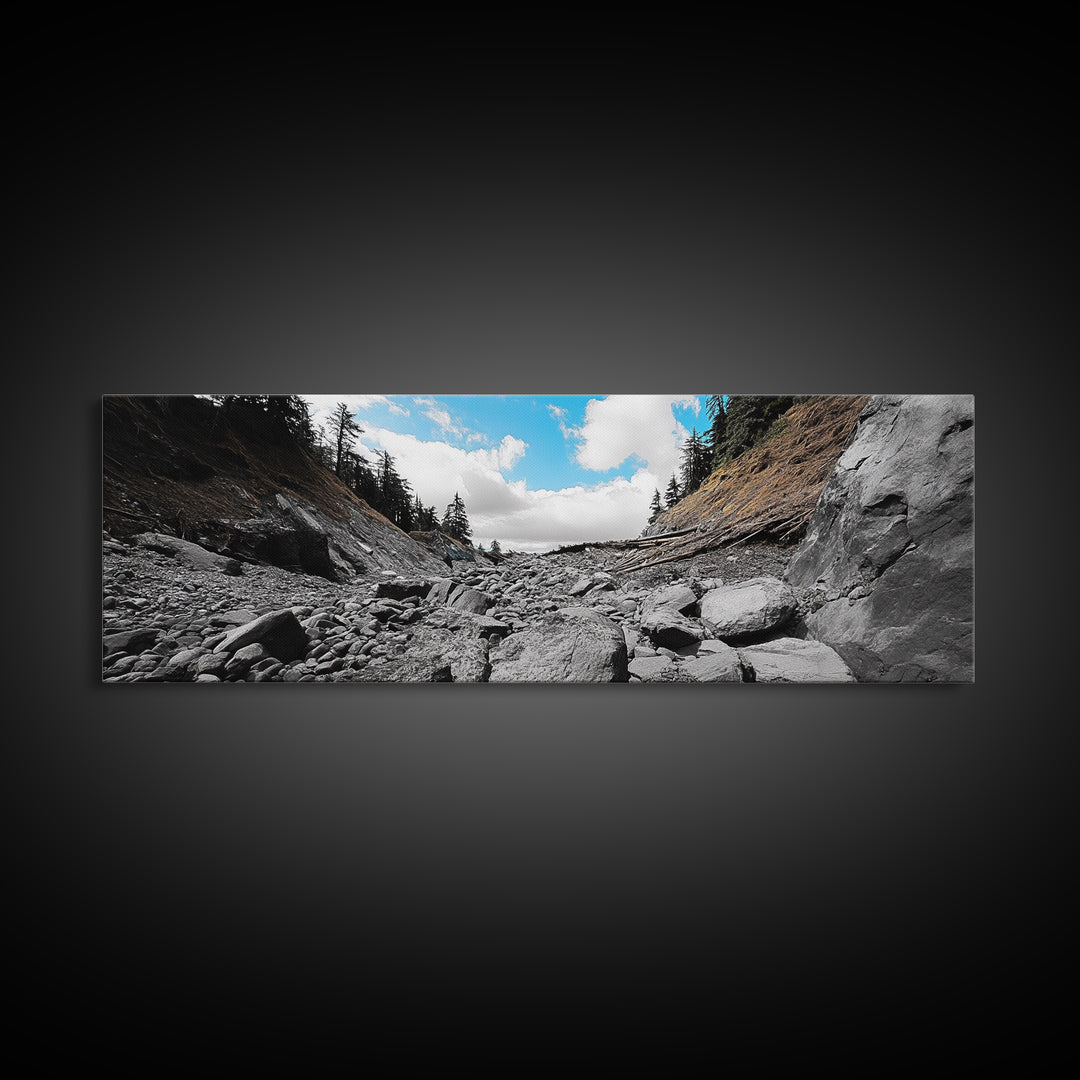 Rocky Trail, Blue Sky, Wilderness Path, Forest Adventure, Canvas Print, Rustic Nature Art, Hiking Wall Art, Cabin Living Room Decor