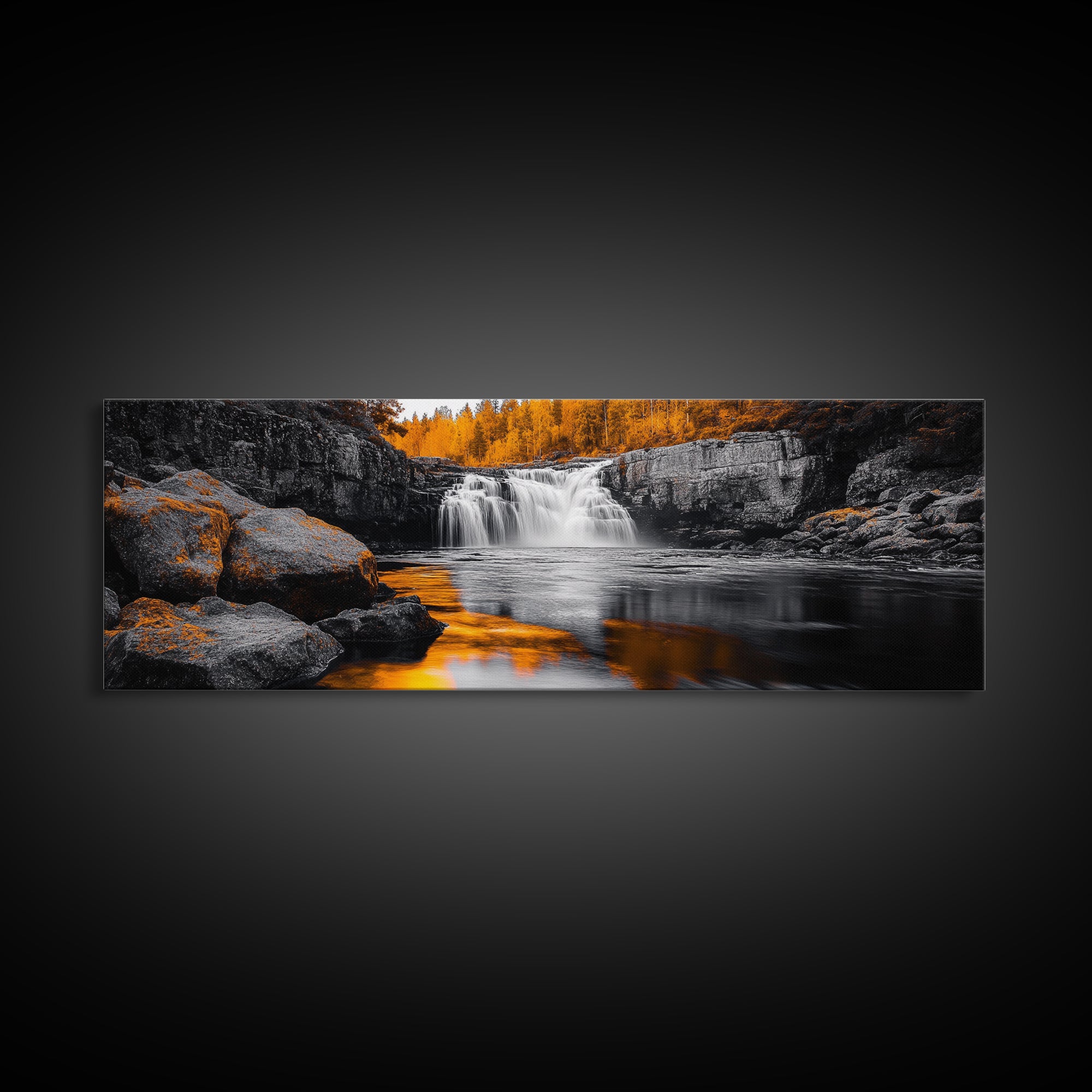 Autumn Waterfall, Fall Trees, Golden Reflections, Tranquil Scene, Framed Canvas Print, Nature Wall Art, Seasonal Decor, Cozy Living Room