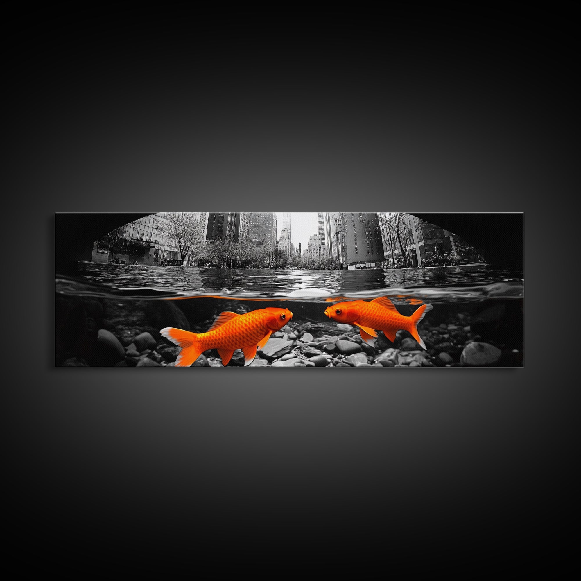 City Meets Nature, Urban Fish, Goldfish Art, Surreal Street Scene, Framed Canvas Print, Quirky Kitchen Wall Art, Modern Whimsical Decor