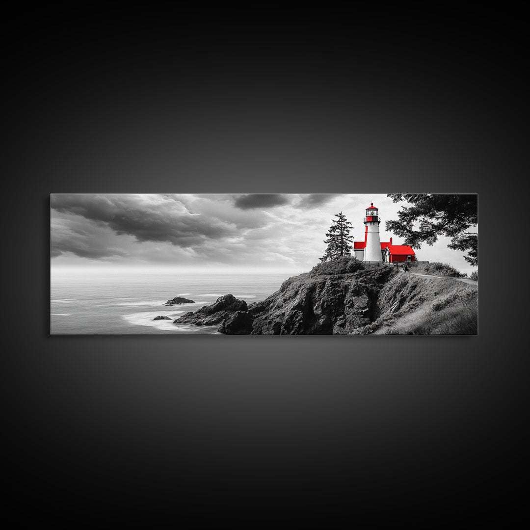 Coastal Lighthouse, Ocean Cliffs, Red Roof, Nautical Beacon, Framed Canvas Print, Bathroom Wall Art, Minimalist Coastal Decor, Seaside Vibe