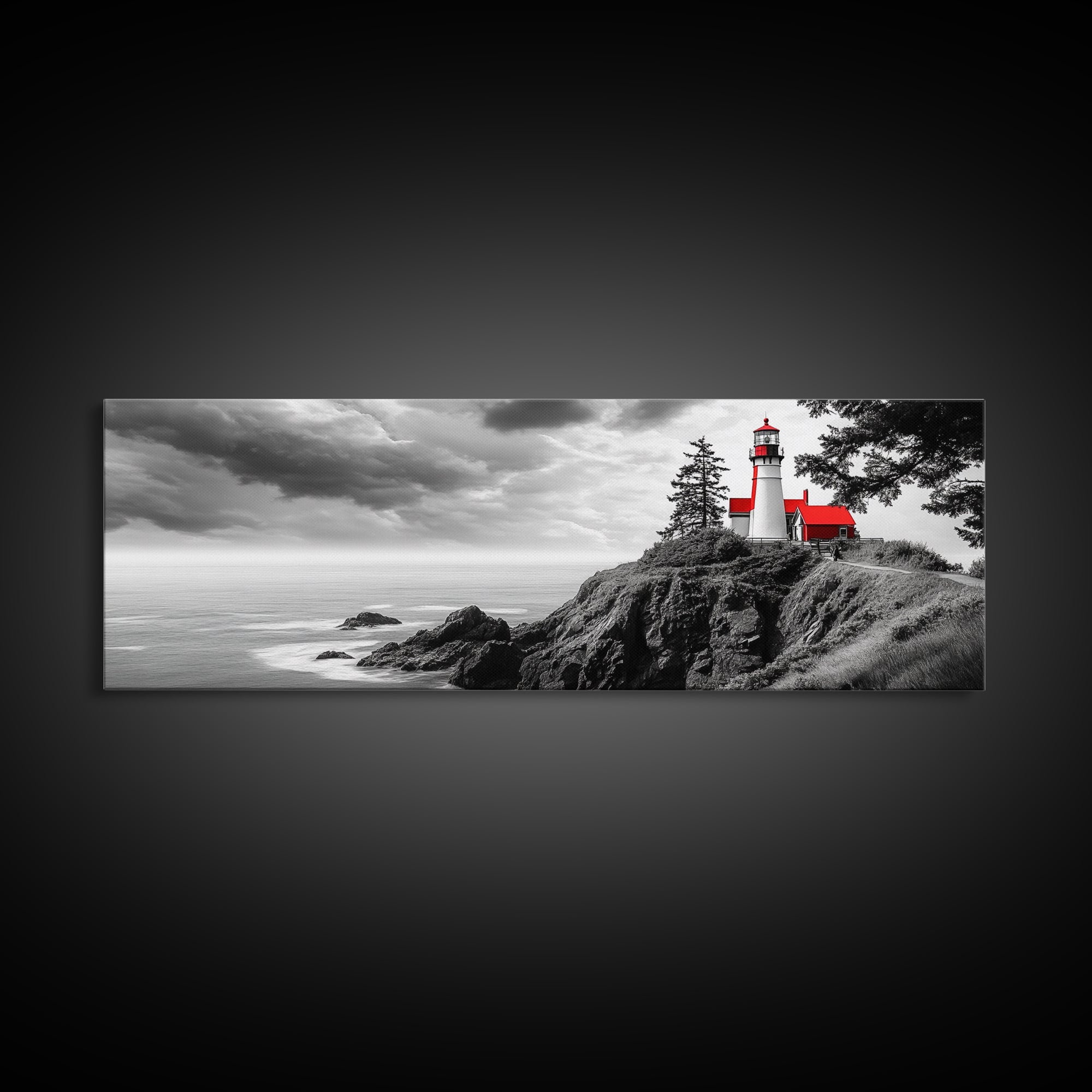 Coastal Lighthouse, Ocean Cliffs, Red Roof, Nautical Beacon, Framed Canvas Print, Bathroom Wall Art, Minimalist Coastal Decor, Seaside Vibe