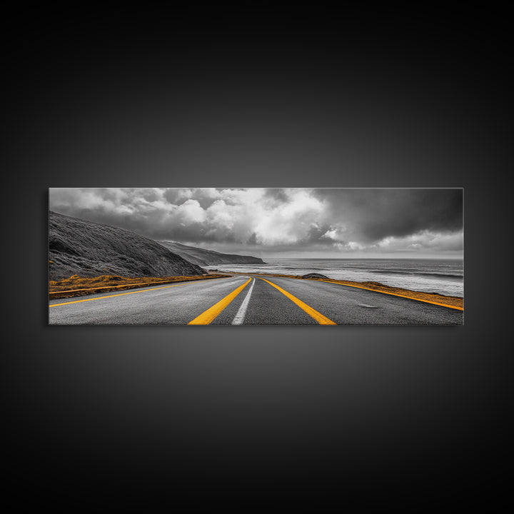 Coastal Highway Drive, Scenic Ocean Road, Stormy Sky Vibes, Framed Canvas Print, Modern Wall Art, Office Decor, Monochrome Landscape