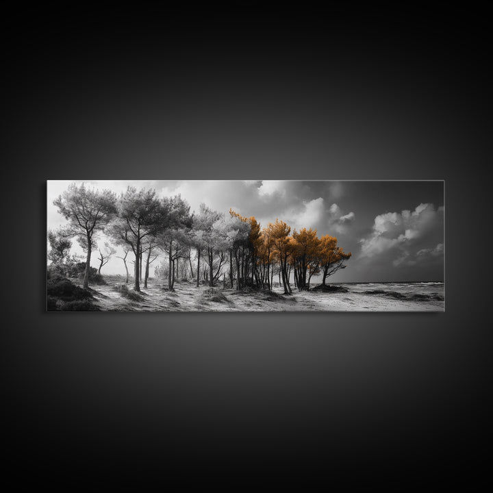 Autumn Forest Trees, Windswept Pine Grove, Beachside View, Framed Canvas Print, Fall Wall Art, Entryway Decor, Minimalist Style