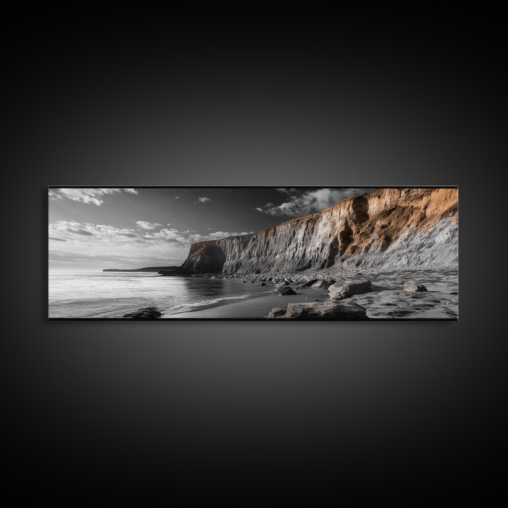 Coastal Cliffs Sunset, Rugged Shoreline Scene, Seaside Beauty, Framed Canvas Print, Earth Tone Art, Living Room Decor, Nature Wall Art