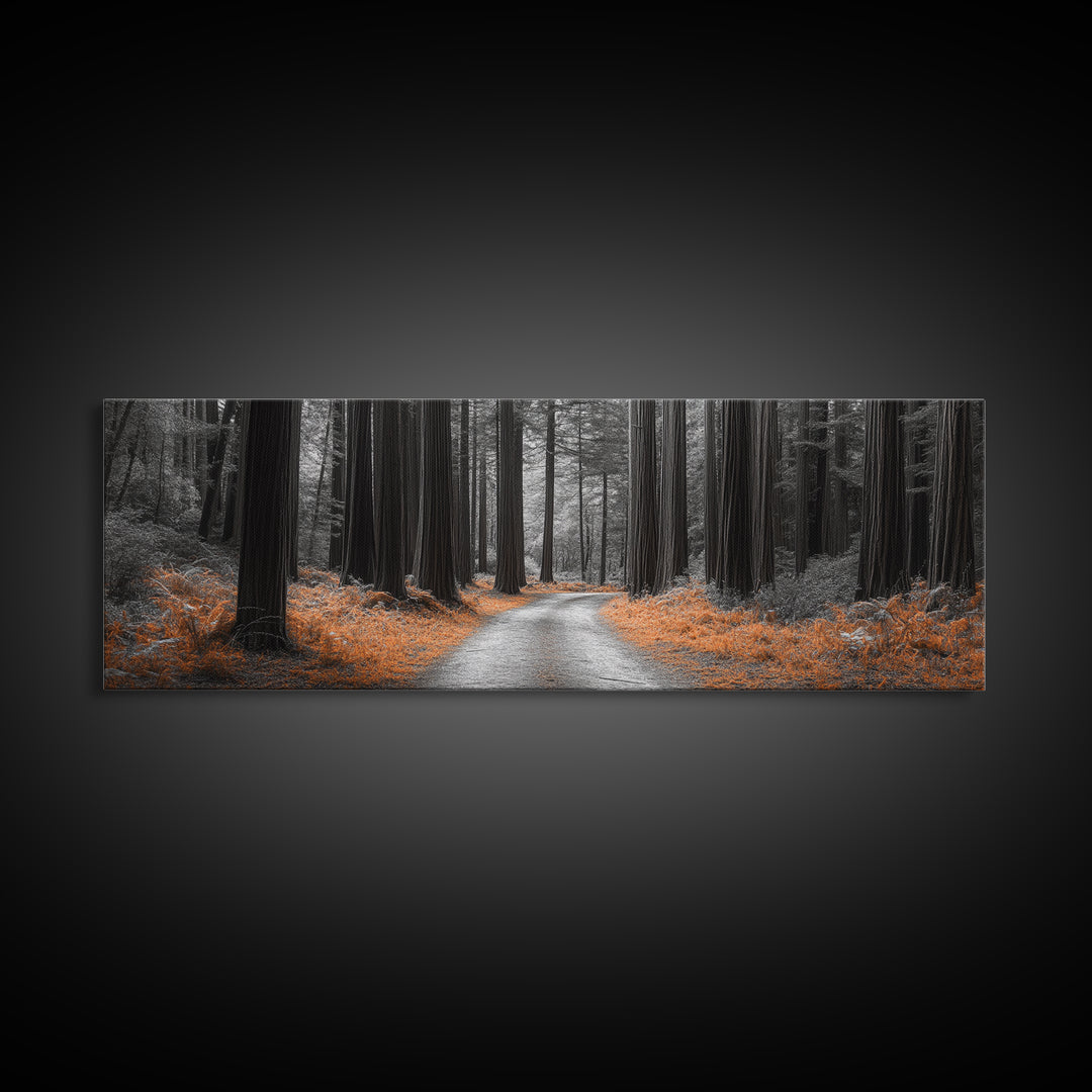 Redwood Forest Path, Serene Nature Trail, Autumn Ground Cover, Framed Canvas Print, Fall Wall Art, Rustic Home Decor, Woodland Scene