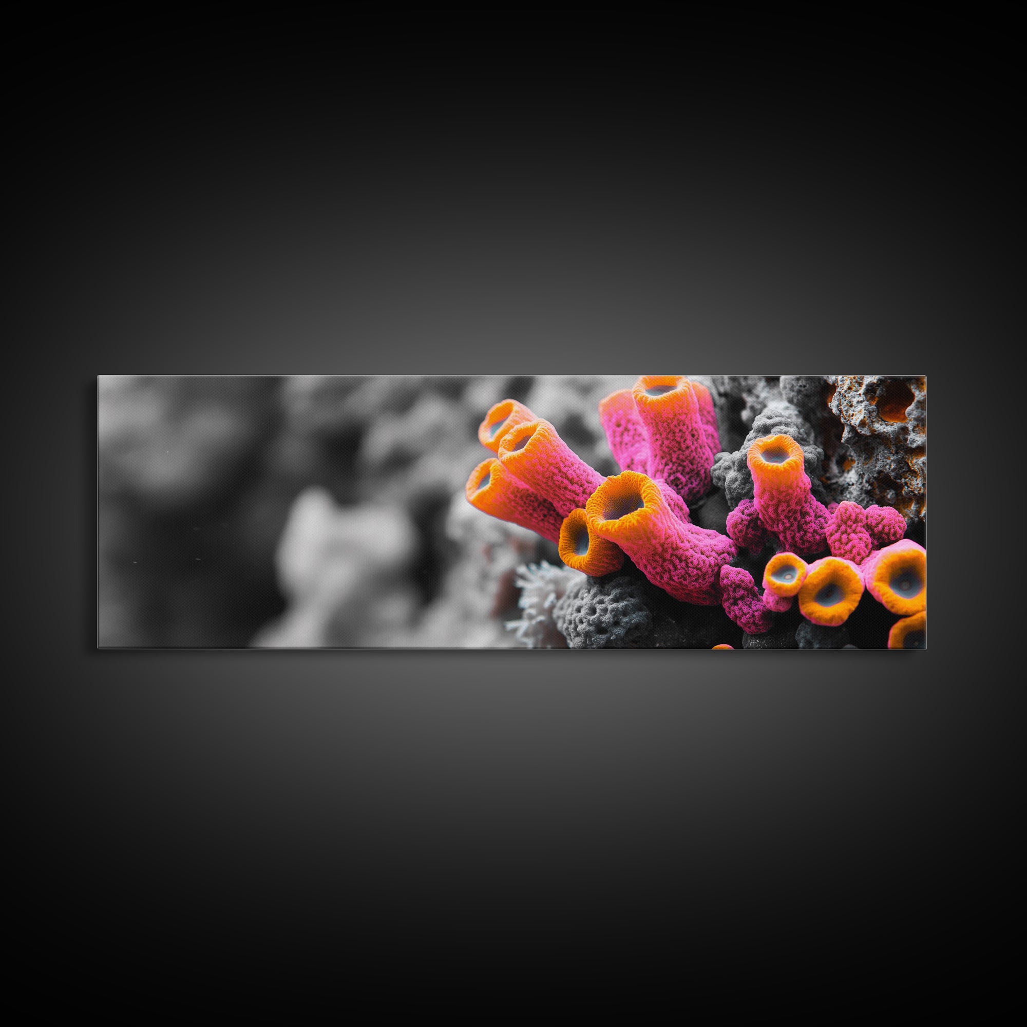 Neon Coral Closeup, Vibrant Underwater Detail, Oceanic Texture Wall Art, Framed Canvas Print, Bathroom Decor, Coastal Modern Style