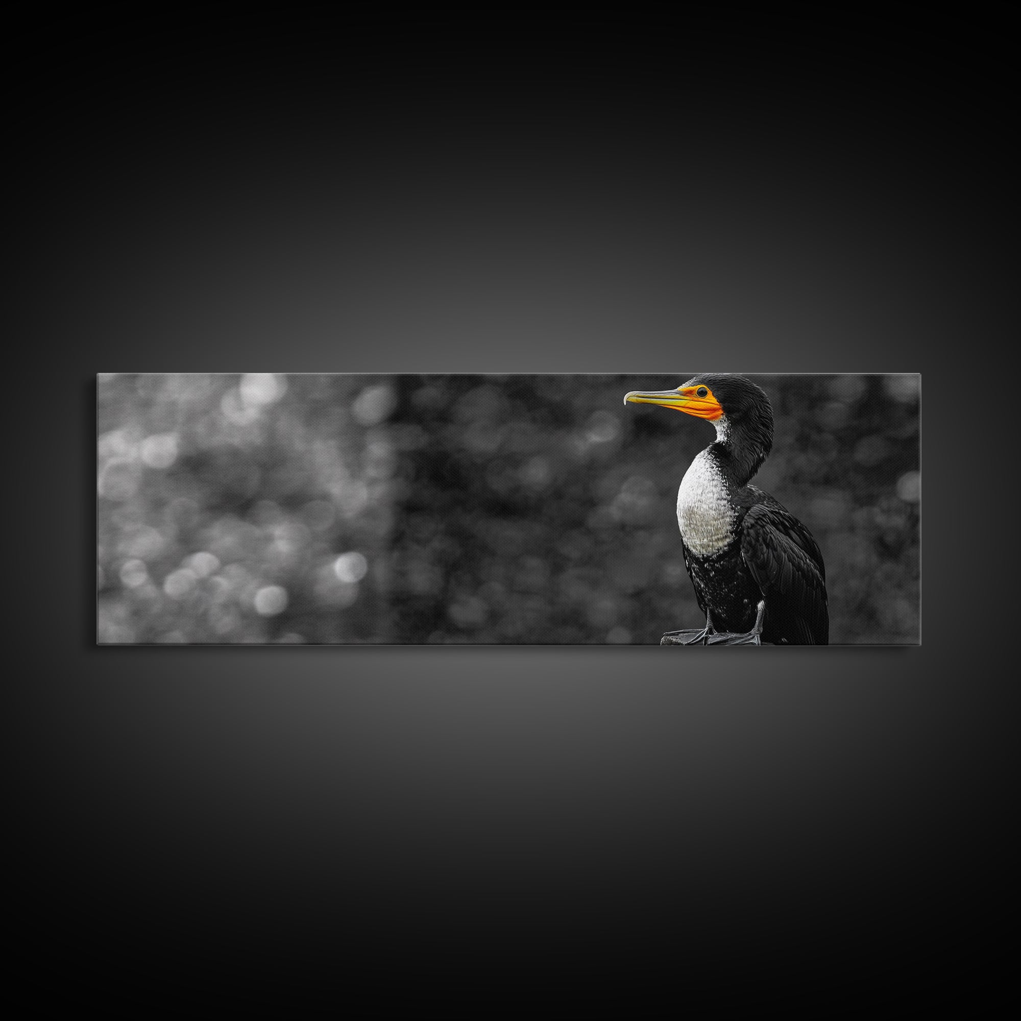 Black White Bird, Orange Beak Detail, Minimal Nature Portrait, Framed Canvas Print, Rustic Wall Art, Study or Cabin Decor