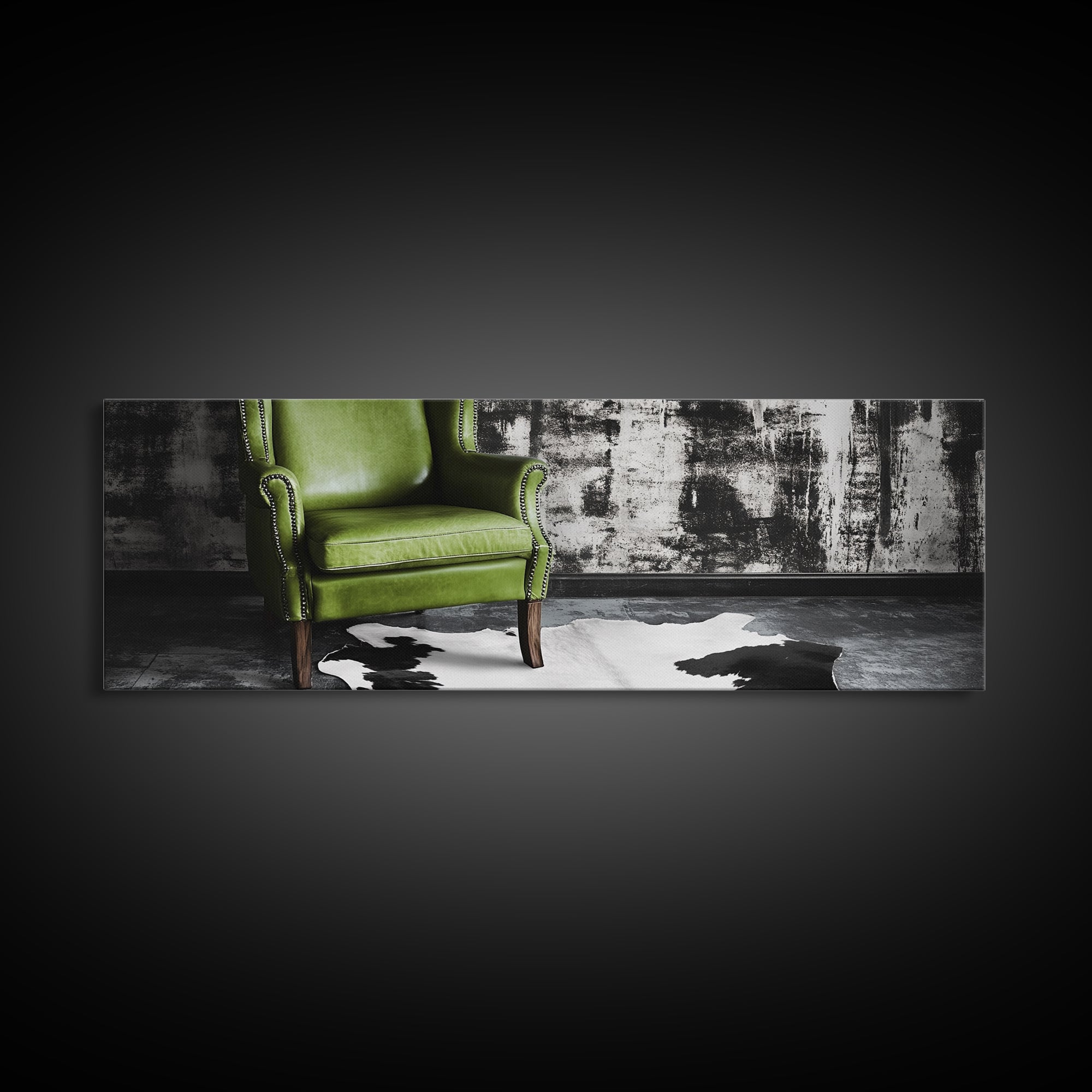 Green Leather Chair, Industrial Urban Scene, Chic Lounge Interior, Framed Canvas Print, Modern Wall Art, Man Cave Office Decor