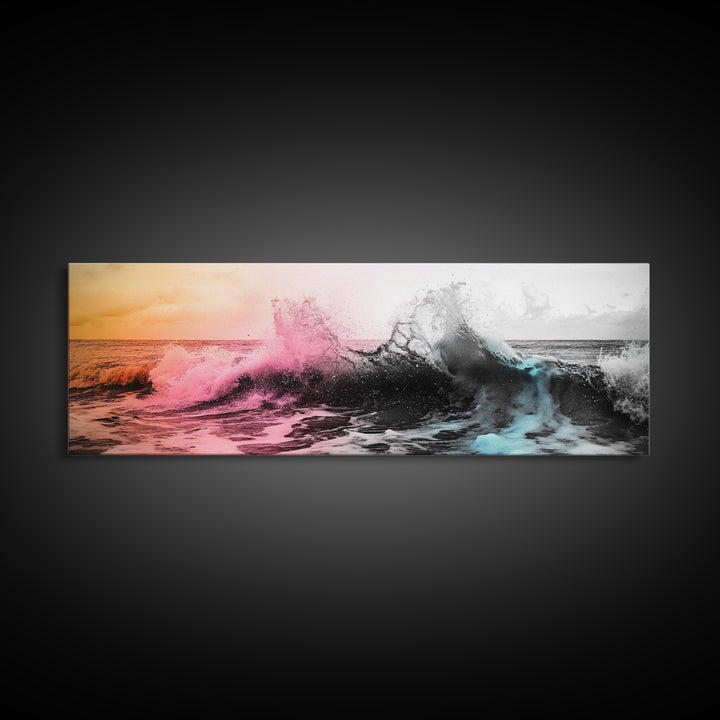 Crashing Ocean Wave, Pastel Color Splash, Moody Coastal Storm, Framed Canvas Print, Bathroom Wall Art, Surfer Beach Vibes