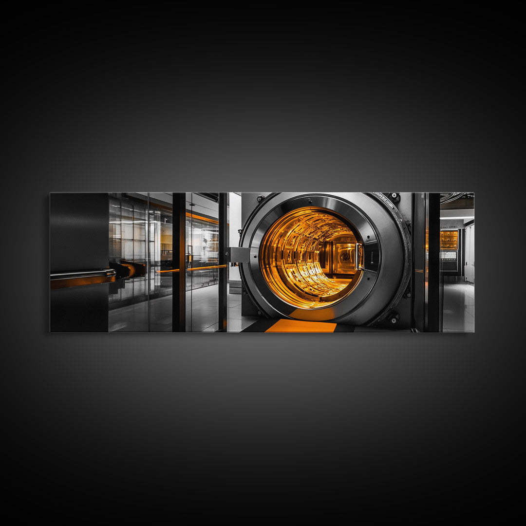 Bank Vault, Futuristic Glow, Industrial Design, Gold Tones, Framed Canvas Print, Office Wall Art, Cyberpunk Decor, Grunge Decor