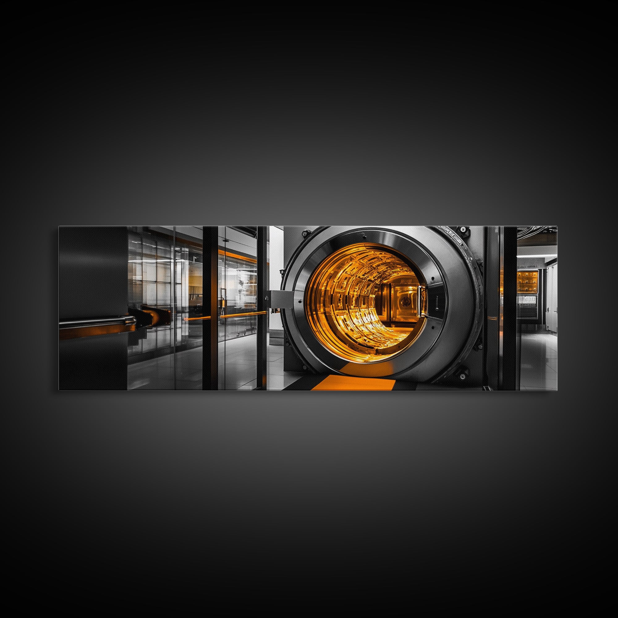 Bank Vault, Futuristic Glow, Industrial Design, Gold Tones, Framed Canvas Print, Office Wall Art, Cyberpunk Decor, Grunge Decor