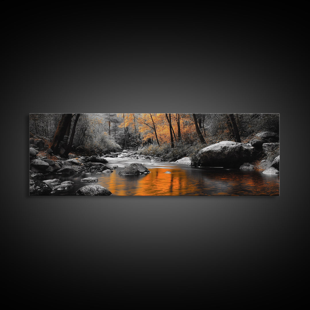 Autumn River Scene, Fall Forest Landscape, Tranquil Waters, Framed Canvas Print, Rustic Wall Art, Cabin Decor, Moody Photography