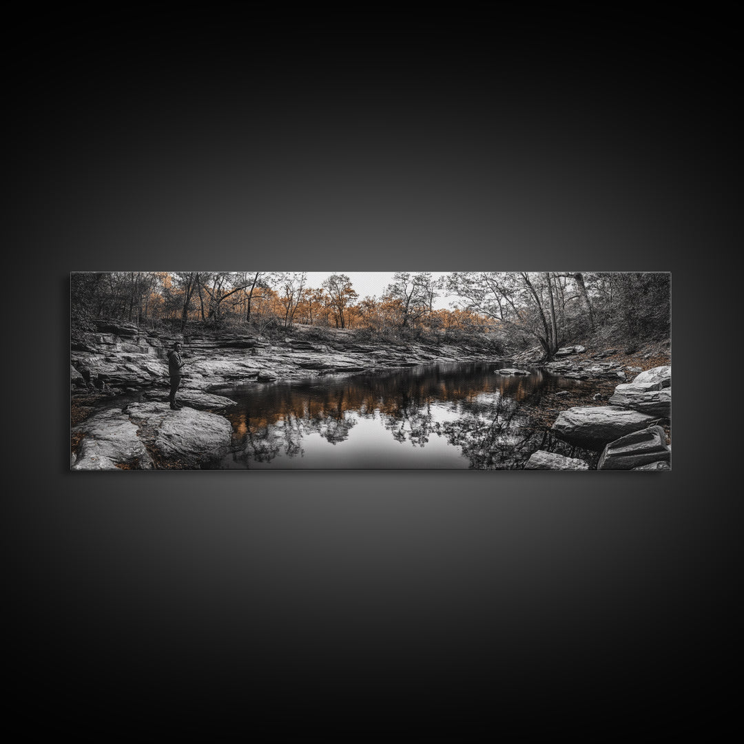 Peaceful Creek View, Fall Foliage Forest, Nature Wall Art, Fishing Scene, Framed Canvas Print, Rustic Home Decor, Autumn Photography