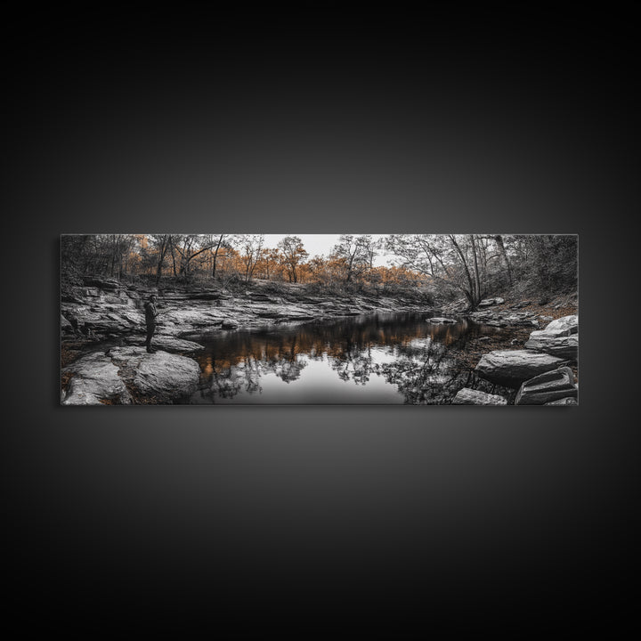Peaceful Creek View, Fall Foliage Forest, Nature Wall Art, Fishing Scene, Framed Canvas Print, Rustic Home Decor, Autumn Photography