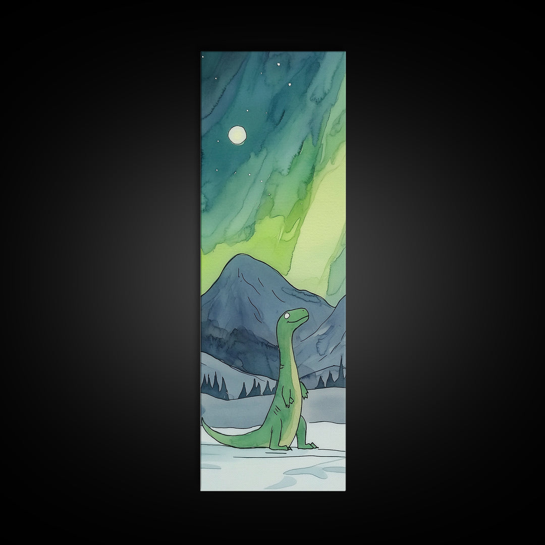 Whimsical Green Dinosaur Under Aurora Wall Art, Kids Room Canvas Print, Northern Lights Nursery Decor, Fantasy Art Gift