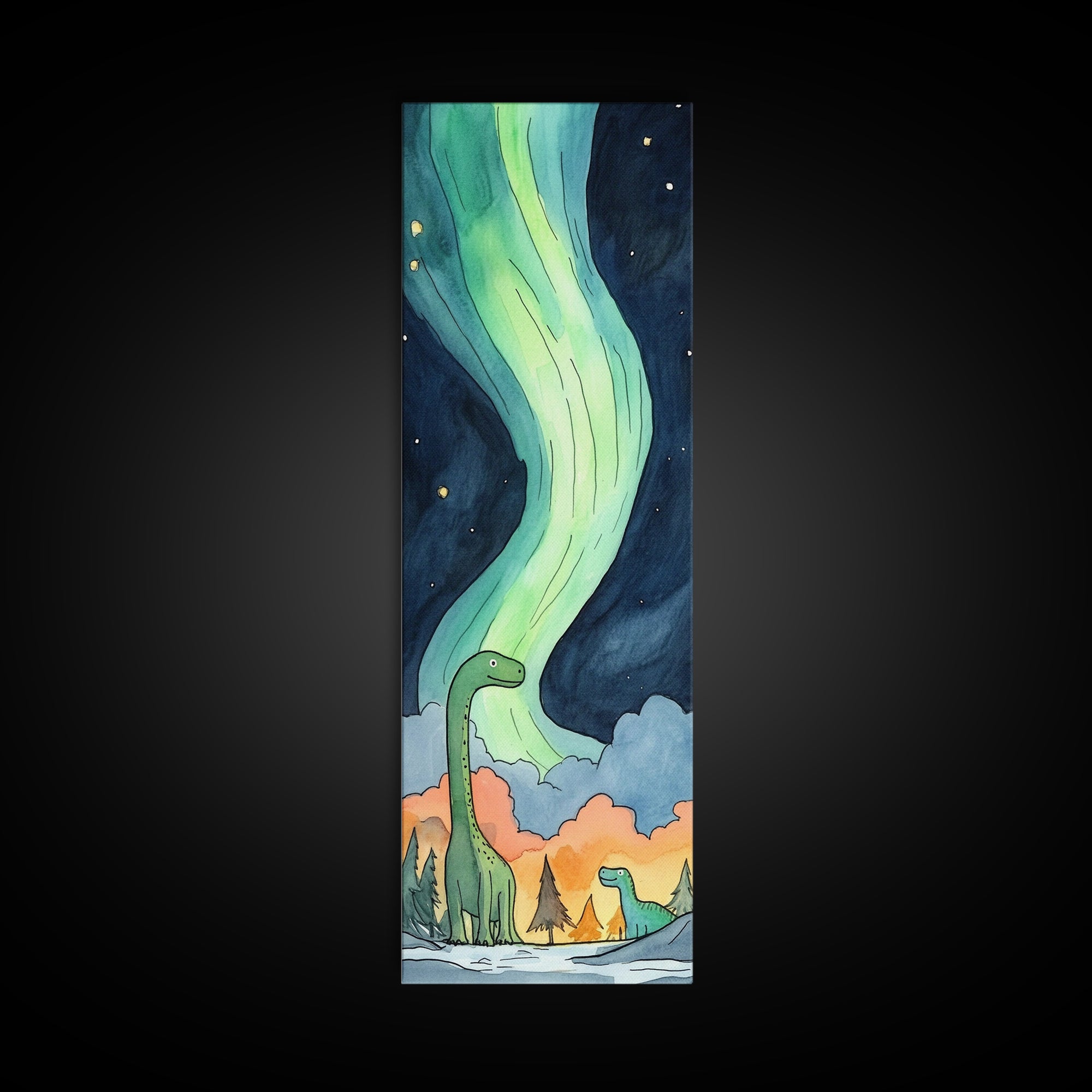 Two Gentle Dinosaurs Beneath Aurora Wall Art, Whimsical Kids Room Canvas Print, Fantasy Nursery Decor, Cute Animal Gift