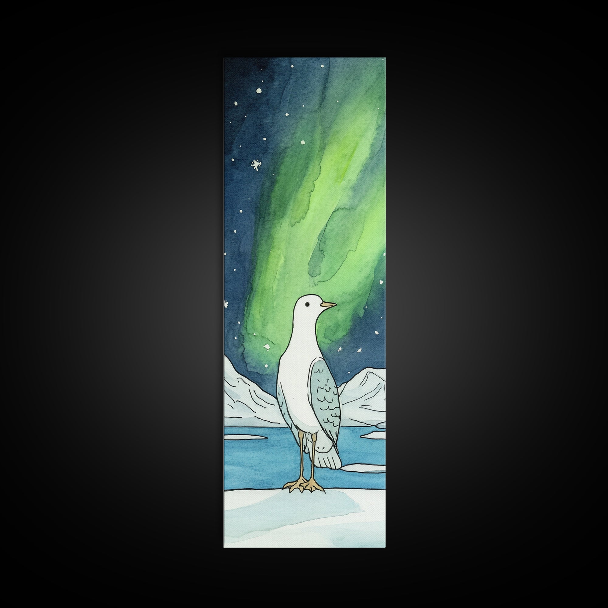 White Seabird In Icy Aurora Landscape Wall Art, Arctic Bird Canvas Print, Coastal Wildlife Decor, Nursery Nature Gift, Art Print