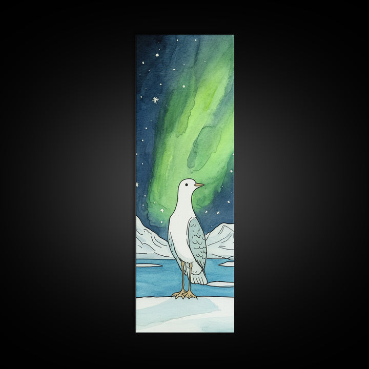 White Seabird In Icy Aurora Landscape Wall Art, Arctic Bird Canvas Print, Coastal Wildlife Decor, Nursery Nature Gift, Art Print
