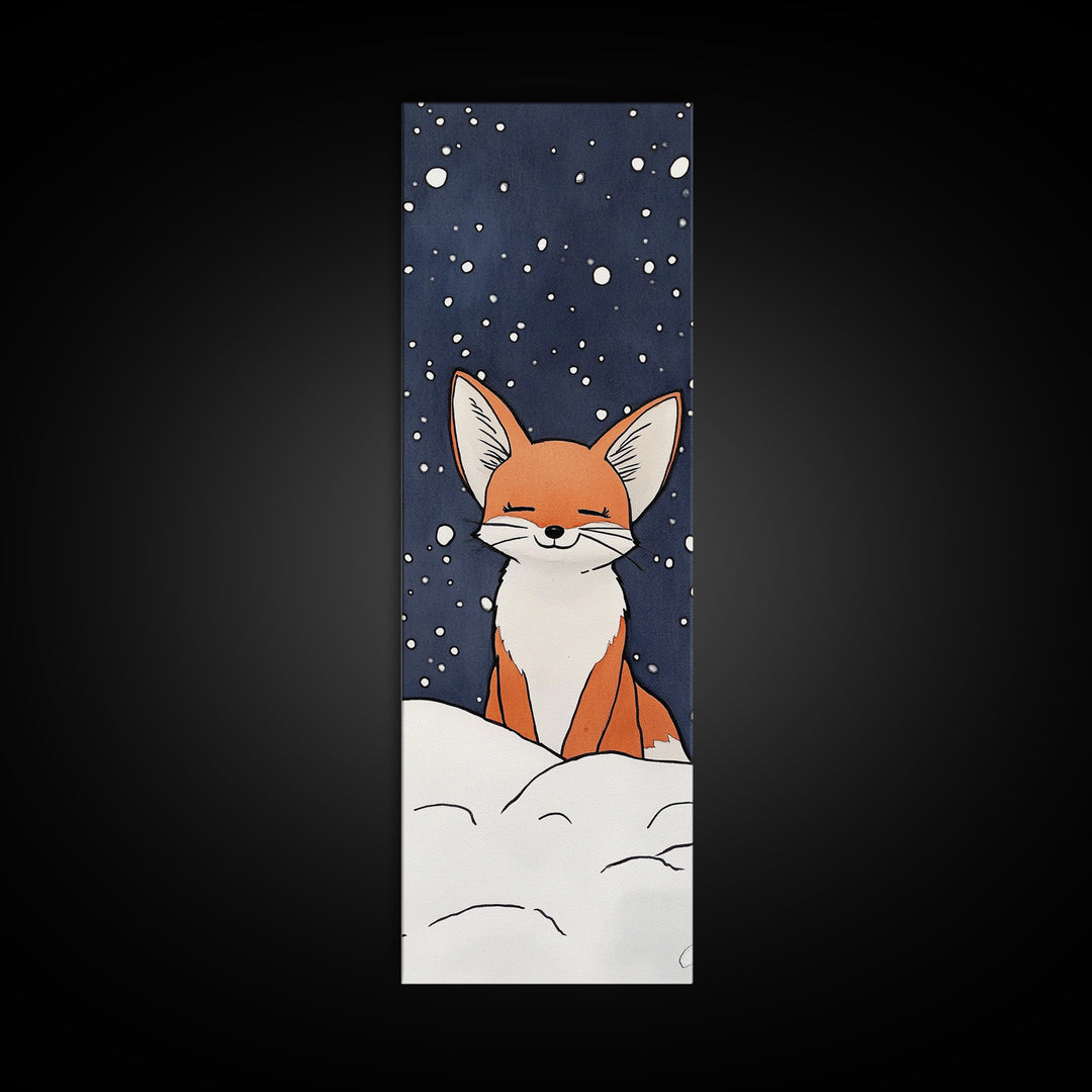 Sleepy Fox In Snowy Night Canvas Print, Whimsical Animal Art, Woodland Nursery Decor, Kids Room Wall Decor, Winter Wall Art