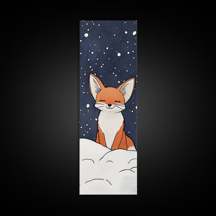 Sleepy Fox In Snowy Night Canvas Print, Whimsical Animal Art, Woodland Nursery Decor, Kids Room Wall Decor, Winter Wall Art
