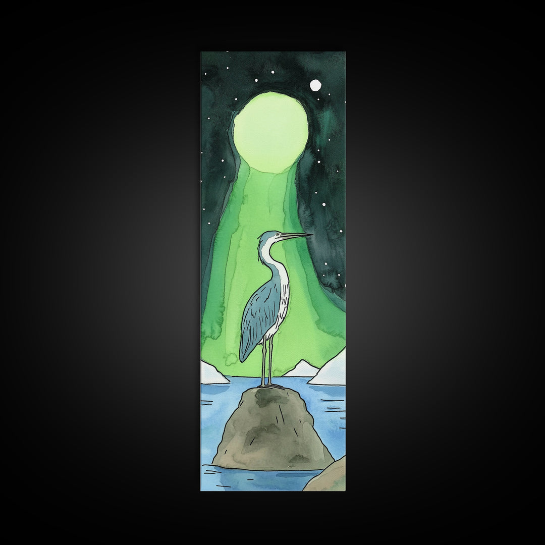 Heron Under Green Aurora Moon Wall Art, Celestial Bird Art Print, Northern Lights Decor, Coastal Wall Decor, Mystical Nature Art