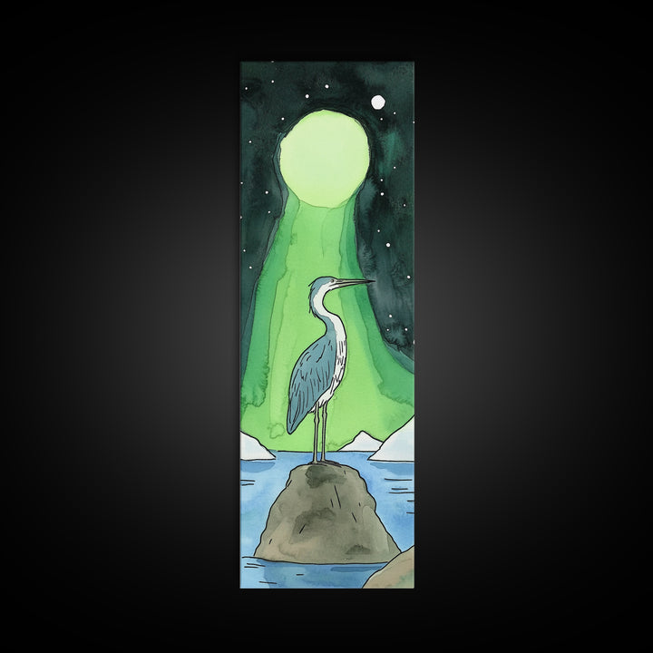 Heron Under Green Aurora Moon Wall Art, Celestial Bird Art Print, Northern Lights Decor, Coastal Wall Decor, Mystical Nature Art