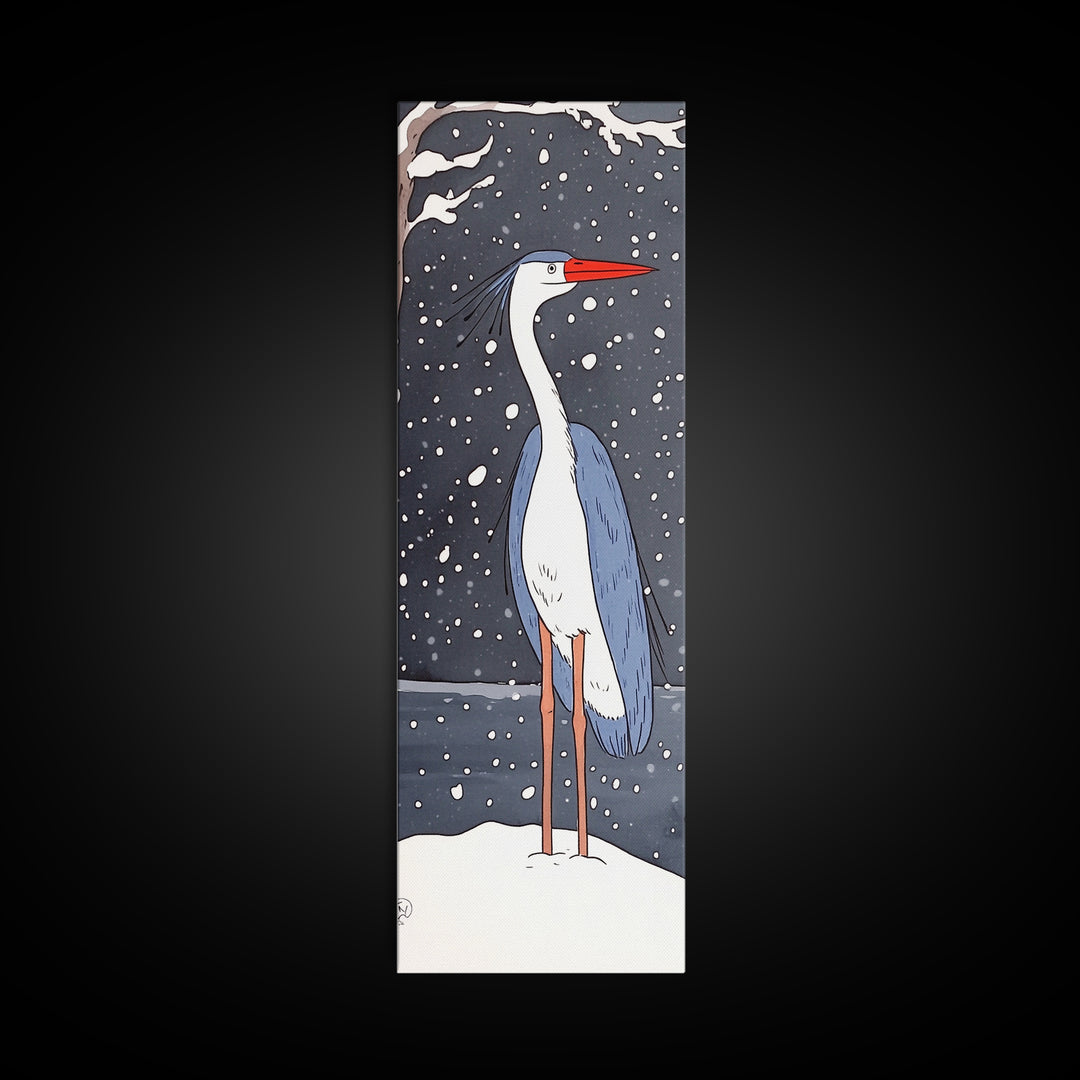 Snowy Heron With Red Beak Framed Canvas Print, Winter Bird Wall Art, Coastal Wall Decor, Animal Art Print, Nature Decor, Gift
